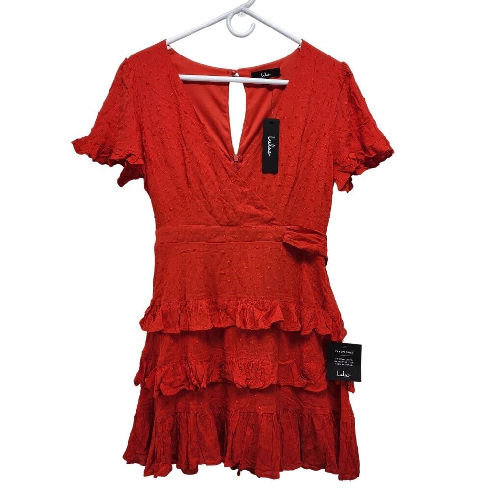 Lulus Red Wrap dress ruffle Knot Tie Sleeves Waist Tie Lined Bodice Size Medium